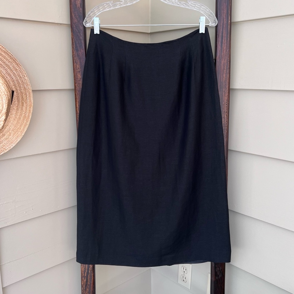 Adolfo Studio Linen Rayon Skirt Black Size 12 Petite Womens Dressy Modest Lined